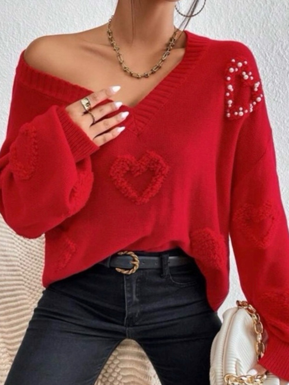 Red Pearl Beaded Heart Sweater